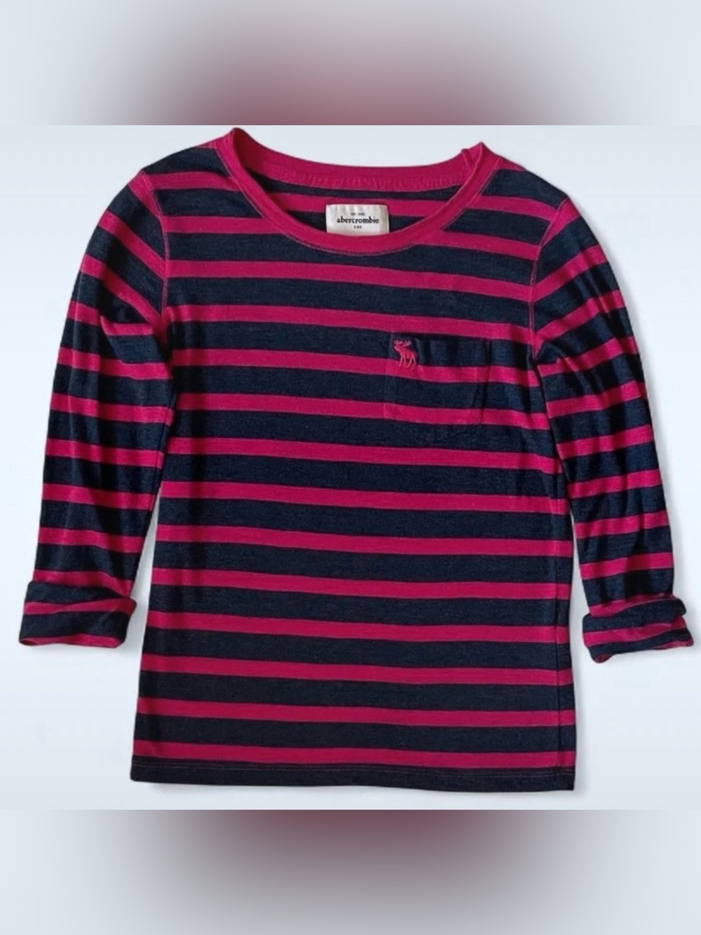 Vintage Y2K Abercrombie & Fitch Kids Navy & Pink Stripe 3/4 Sleeve Pocket Tee S